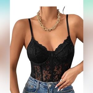Women's Black Lace Sheer Bodysuit w/Spaghetti Straps. Size XS